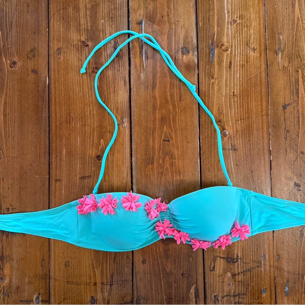 Turquoise Victoria’s Secret Bikini Top with Pink Floral Accents
